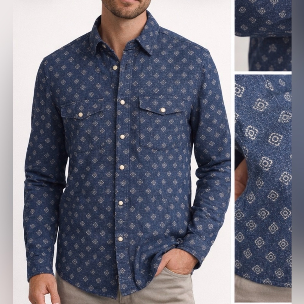 Frye Men’s Indigo Blue Print Western Snap Shirt Large NWT